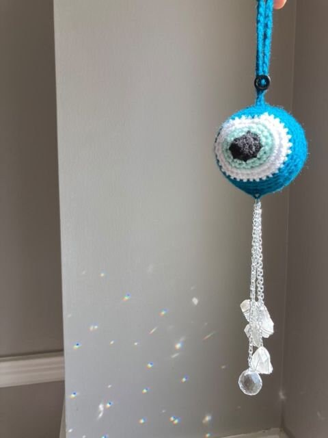 Crochet Evil Eye Crystal Sun Catcher / Car Rear View Mirror Accessory / Crochet Wall Hanging / Gift For Her / Gift For Him / Gift For Them