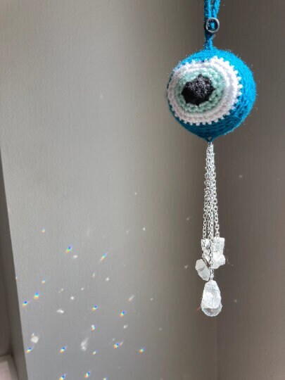 Crochet Evil Eye Crystal Sun Catcher / Car Rear View Mirror Accessory / Crochet Wall Hanging / Gift For Her / Gift For Him / Gift For Them