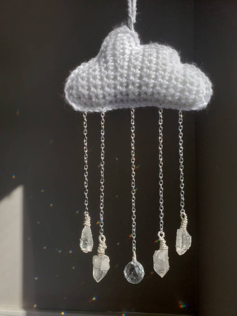 Custom Crochet Crystal Rain Cloud Sun-Catcher / Car Rear-View Mirror Accessory / Handmade Wall Hanging / Crystal Sun-Catcher Christmas Gift