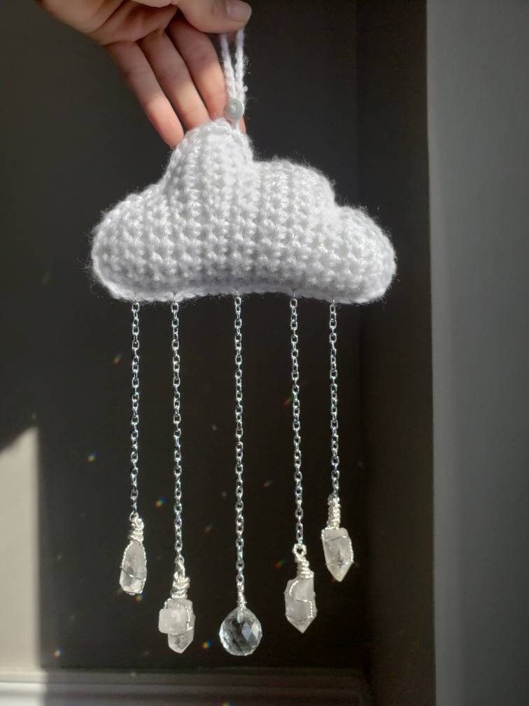 Custom Crochet Crystal Rain Cloud Sun-Catcher / Car Rear-View Mirror Accessory / Handmade Wall Hanging / Crystal Sun-Catcher Christmas Gift