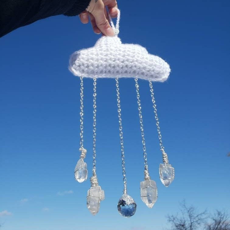 Custom Crochet Crystal Rain Cloud Sun-Catcher / Car Rear-View Mirror Accessory / Handmade Wall Hanging / Crystal Sun-Catcher Christmas Gift