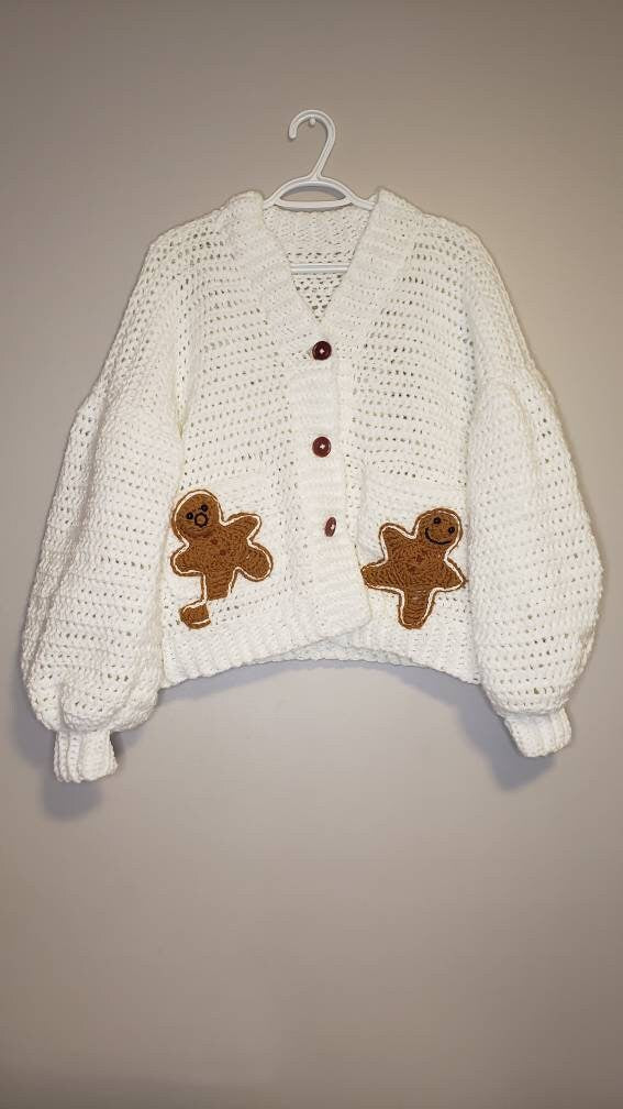 Oversized Christmas Cardigan / Oversized Gingerbread Man Sweater / Crochet Christmas Cardigan / Crochet Ugly Christmas Sweater / Crochet Top